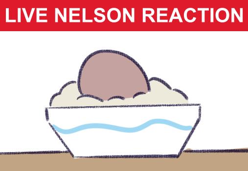 The Nelson sticking out of a ceramic bowl of mashed potatoes, captioned 'LIVE NELSON REACTION' in white-on-red full capitals.